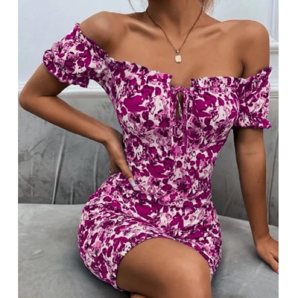 Boho green Floral Print Off Shoulder Bodycon Dress - Picture 8 of 16